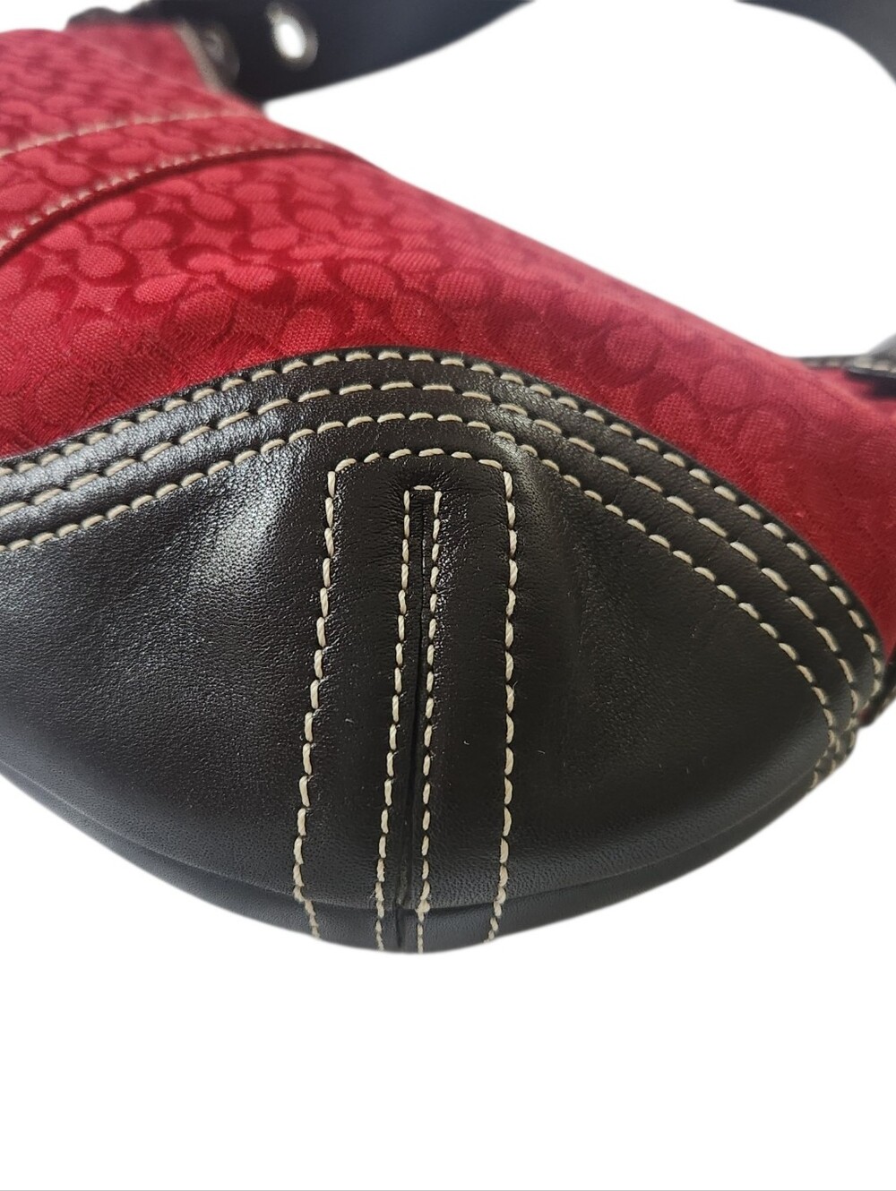 VGC COACH D062-2154 Signature Jacquard Shoulder Bag Red Y2K Brown Leather - Picture 4 of 12